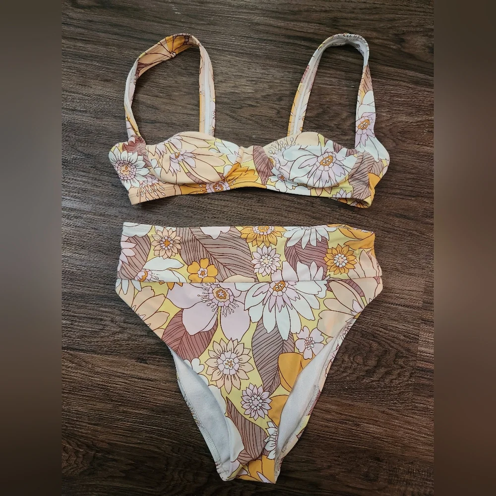 Floral High-Waist Bikini Set in Yellow, Cream & Brown